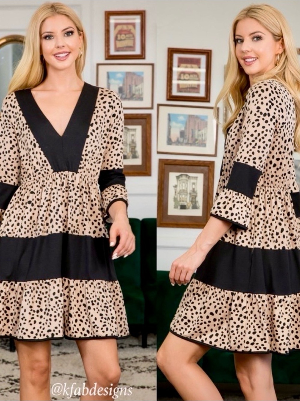 Miss U Leopard Cheetah Tiered Ruffled V-Neck Soft & Stretchy Dress w/ Pockets